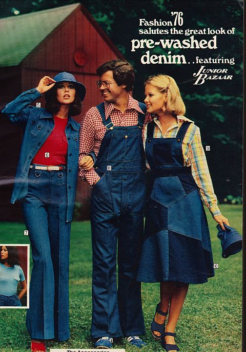Page from 1976 Sears catalog featuring prewashed denim for gals and guys.