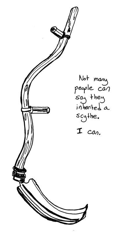 Drawing of a scythe, a tool used on farms to cut grass or reap crops.