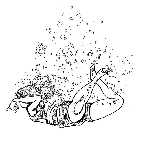 A woman floating underwater, surrounded by bubbles.