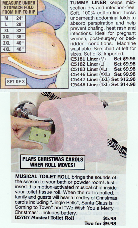 Papers to place under your fat rolls and a toilet paper dispenser that plays Christmast carols.