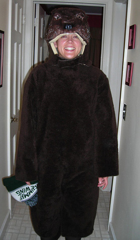 Me dressed in a head-to-toe otter costume.