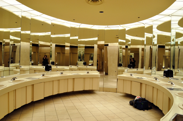 room of mirrors in 12th floor bathroom in downtown Macy's